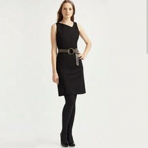 EILEEN FISHER Black Ponte Knit Asymmetric Neck Stretch Sheath Dress LBD Size 2